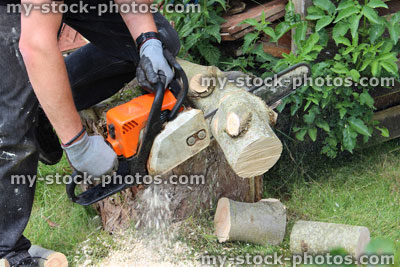 Stock image of man using chainsaw to cut wood / logs / timber