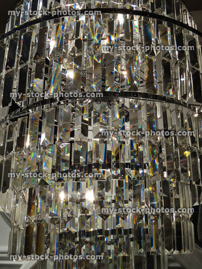 Stock image of decorative chandelier light fitting, sparkling hanging crystal droplets