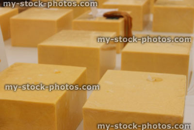Stock image of large blocks of Cheddar cheese, displayed, agricultural show / exhibition