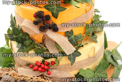 Stock image of cheese wedding cake, decorated cheese cake, Cheddar, Red Leicester