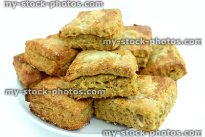 Stock image of square cheese scones made with wholemeal flour, healthy eating