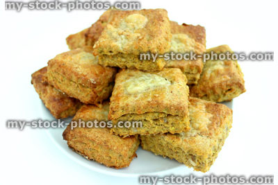 Stock image of square cheese scones made with wholemeal flour, healthy eating