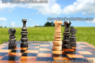 Stock image of chessboard game / wooden chess pieces, single white king