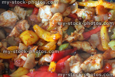 Stock image of homemade chicken and cashew nut stir fry, vegetables
