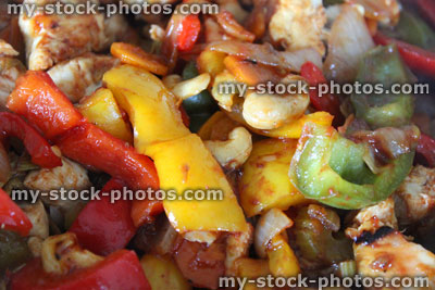 Stock image of homemade chicken and cashew nut stir fry, vegetables