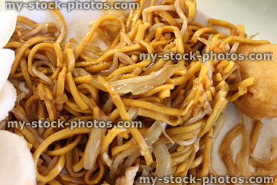 Stock image of chicken chow mein, Chinese takeaway dish, stir fried, soy sauce