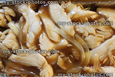Stock image of chicken chow mein, Chinese takeaway dish, stir fried, soy sauce
