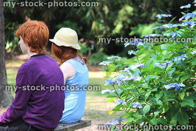 Stock image of boy and girl sitting on bench (brother sisiter), woodland garden, hydrangeas