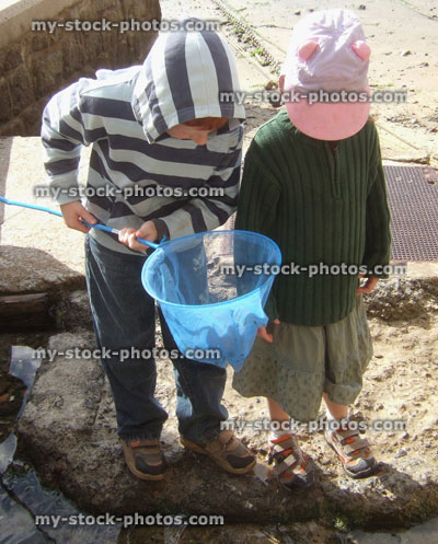 Stock image of little children fishing for crabs in rock pools