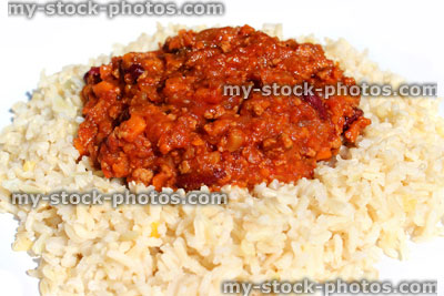 Stock image of healthy vegetarian chili con carne with brown rice