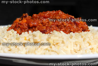 Stock image of healthy vegetarian chili con carne with brown rice