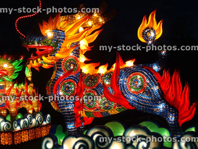 Stock image of Chinese Lantern Festival lights, illuminated Chinese dragon, bright colours
