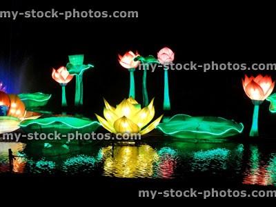 Stock image of Chinese Lantern Festival lights, illuminated Lily pads, lake reflection