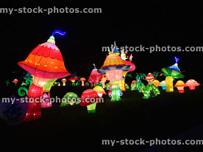 Stock image of Chinese Lantern Festival lights, rainbow colours, cartoon toadstools / mushrooms, carnival
