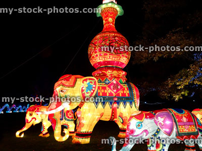 Stock image of Chinese Lantern Festival lights, painted / decorated Indian elephants / bright colours