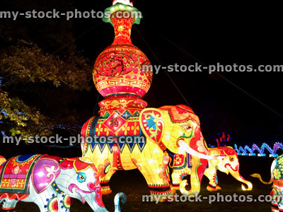 Stock image of Chinese Lantern Festival lights, painted / decorated Indian elephants / bright colours