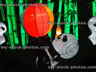 Stock image of Chinese Lantern Festival lights, illuminated pandas and bamboo canes