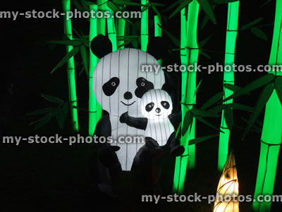 Stock image of Chinese Lantern Festival lights, illuminated pandas and bamboo canes