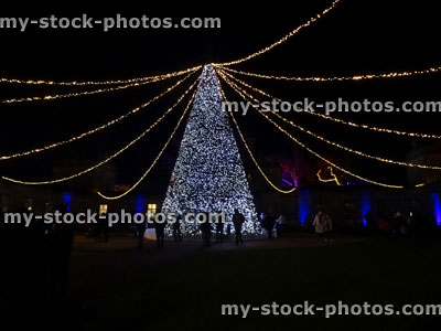 Stock image of large outdoor Christmas tree with fairy lights / decorations, people watching