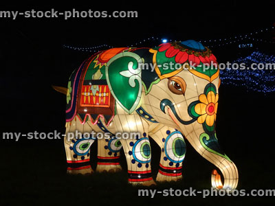 Stock image of Chinese Lantern Festival lights, painted / decorated Indian elephant / bright colours