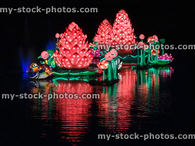 Stock image of Chinese Lantern Festival lights, illuminated Lotus flowers, lake reflection
