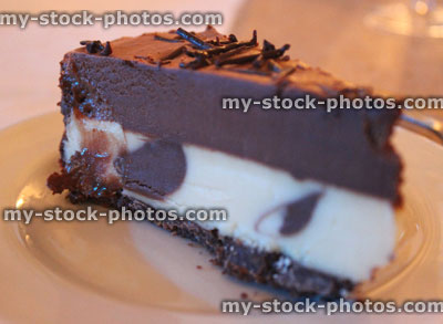 Stock image of homemade vanilla and chocolate cheesecake, cake slice, buttery biscuit base