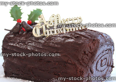 Stock image of chocolate Christmas log cake with plastic robins / holly leaves