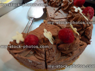 Stock image of freshly baked chocolate cake, whipped fresh cream / rasberries