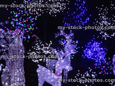 Stock image of large light up Christmas reindeer figure, multi colour LED lights / fairy lights, winter display