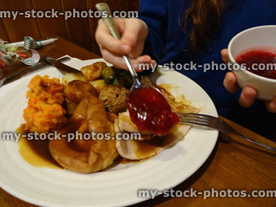 Stock image of Christmas dinner, roast turkey, Brussels sprouts, gravy, roast potatoes, cranberry sauce