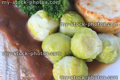Stock image of roast dinner with chicken, Brussels spouts and gravy