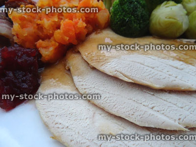 Stock image of roast turkey slices on Christmas dinner, gravy, carrots