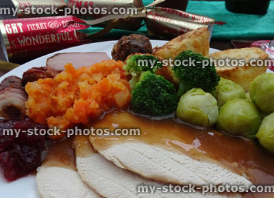 Stock image of roast dinner on Christmas day with turkey, sprouts, cranberry sauce