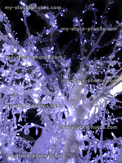Stock image of Christmas winter display, artificial Silver Birch tree, fairy lights, from below