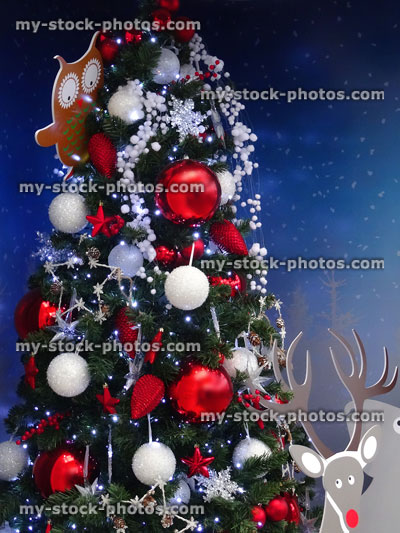 Stock image of red and white Christmas tree decorations, baubles, fairylights
