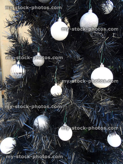 Stock image of artificial black Christmas tree with white baubles / silver decorations, monochrome Christmas tree