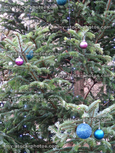 Stock image of real outdoor Christmas tree with decorations, baubles, fairylights