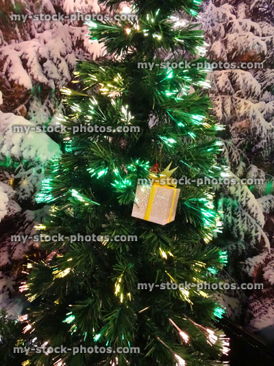 Stock image of fibre optic Christmas tree, twinkling needle foliage, green lights 