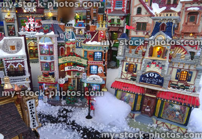 Stock image of model Christmas village with miniature houses and people