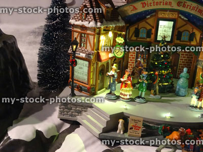 Stock image of model Victorian 'Dickens' Christmas village with miniature houses, people, winter scene