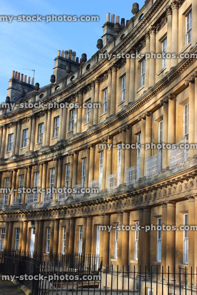 Stock image of historic terraced town houses / Georgian buildings / Bath stone, The Circus, Bath, England