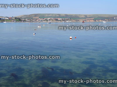 Stock image of beautiful Swanage coastline, beachfront, harbour, crystal clear seawater