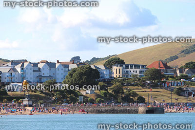 Stock image of view of Swanage beach / coastline, English seaside town, sea, holiday homes