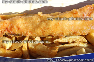Stock image of battered cod and chips from takeaway food shop