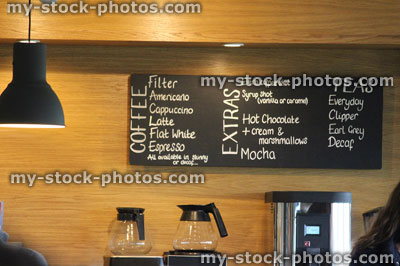 Stock image of blackboard menus in cafe, tea and coffee making