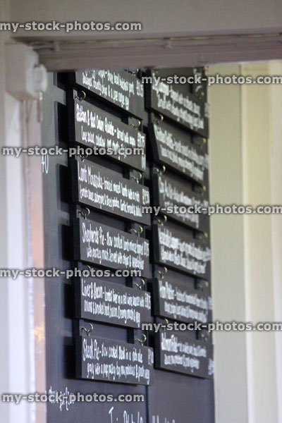 Stock image of blackboard menus in pub restaurant, menu boards, pub grub