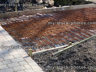 Stock image of metal concrete reinforcement wire mesh bars, bridge construction materials