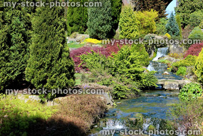 Stock image of ornamental garden with waterfall running through a rockery