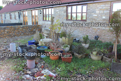 Stock image of building work, bungalow barn conversion home improvement extension, conservatory foundations, messy back garden