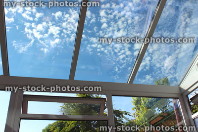 Stock image of glass conservatory roof panels, with self cleaning tinted glass